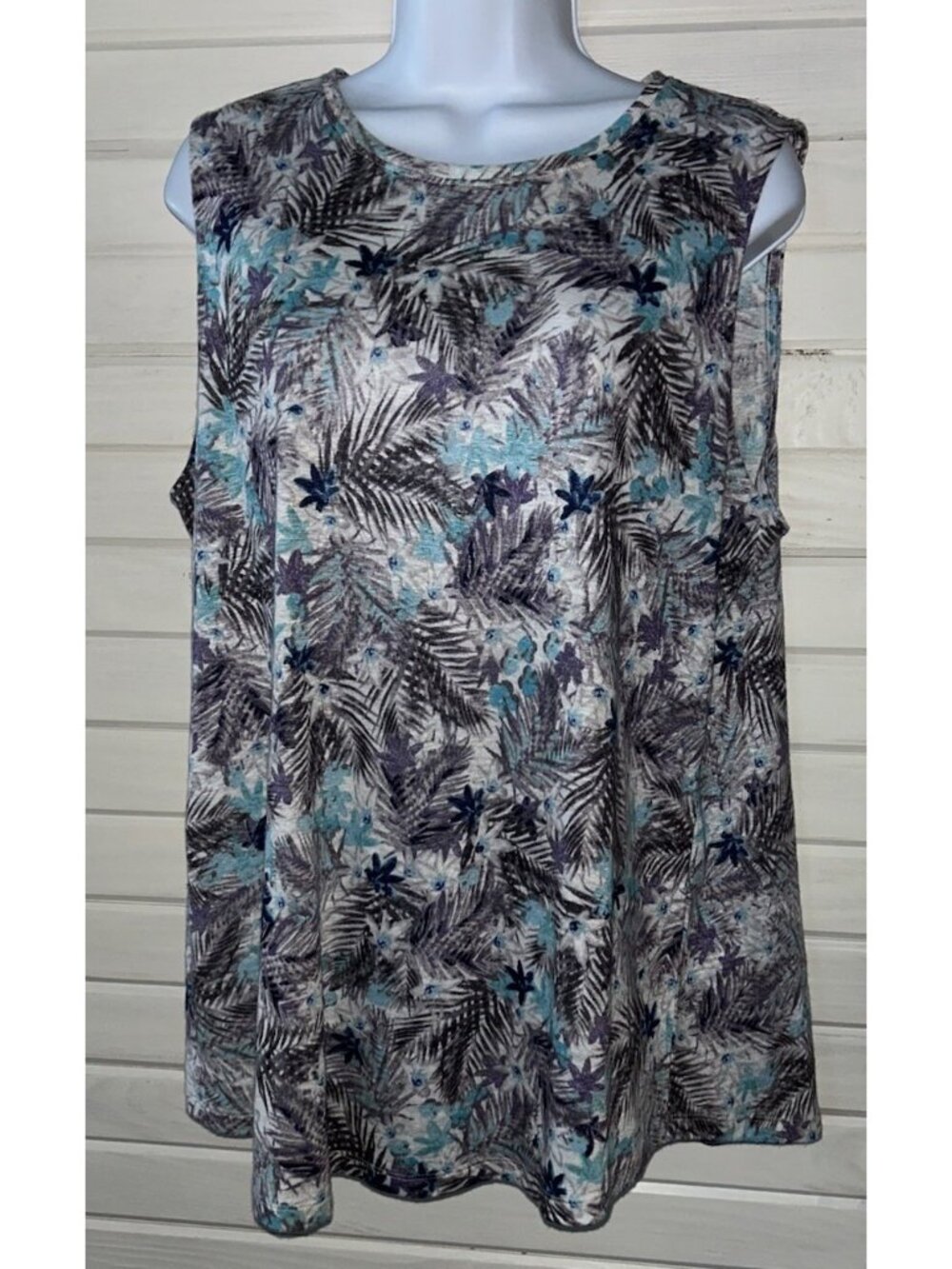 J Jill Love Linen Sz MEDIUM Tank Gray Purple Blue Floral Slub Knit Top EUC